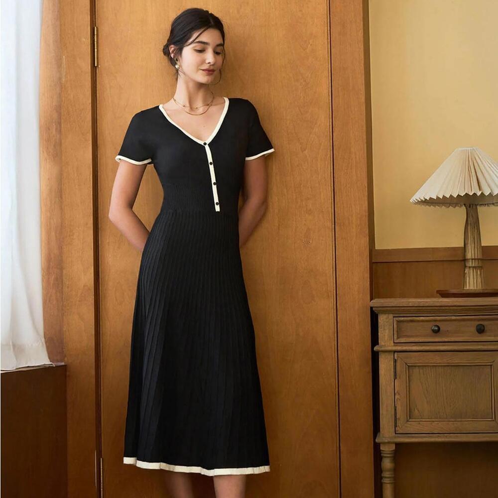 RIHOAS Black Contrasting Sweater Midi Dress M